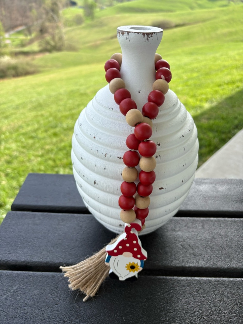 Gnome Beaded Garland - Red and Natural Wood Beads - Tier Tray Decor - NEW